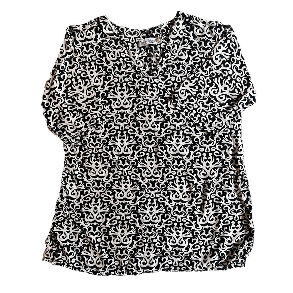 women's tunic black Batik Pattern 3/4 sleeve bohemian V Neck Pullover